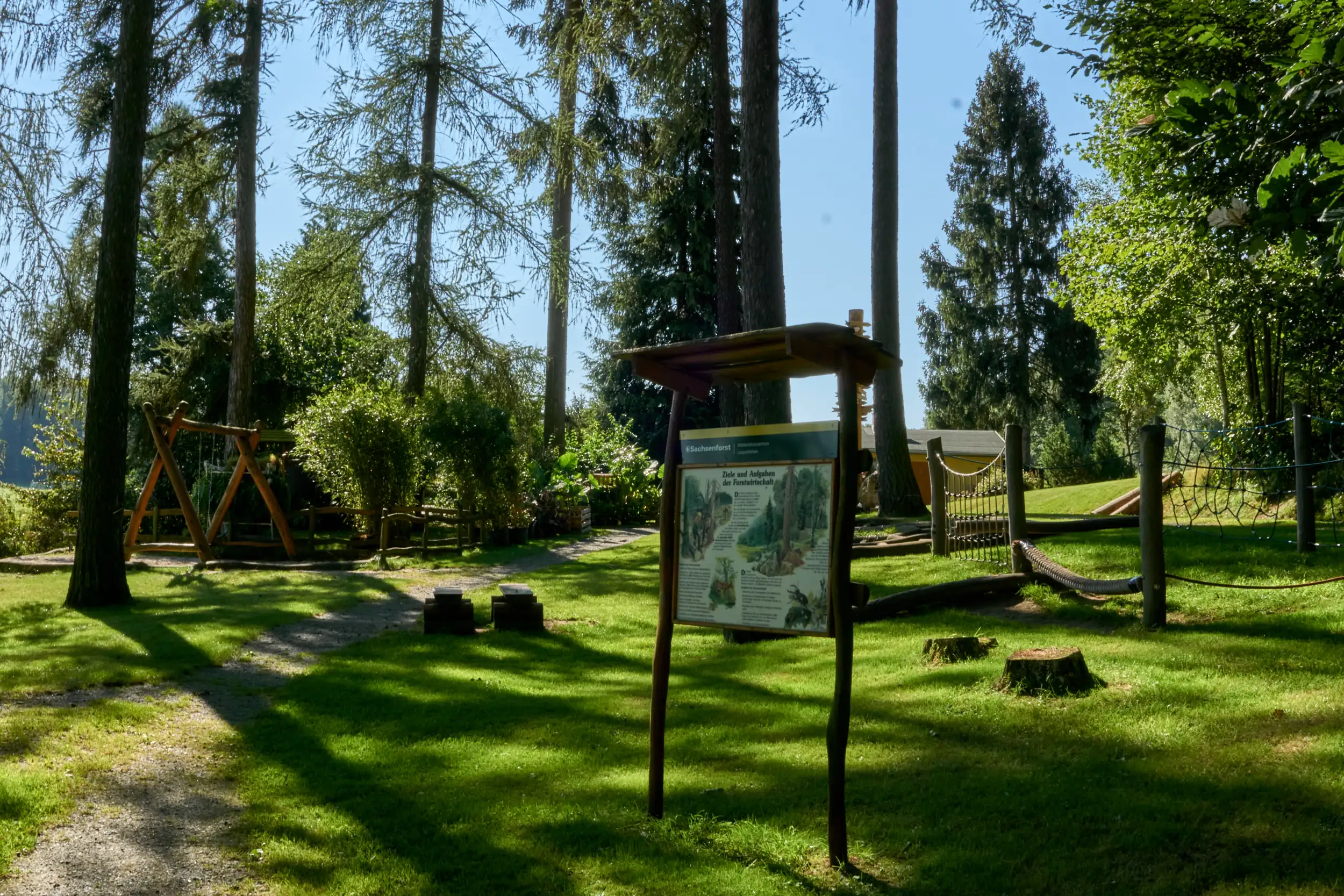 Wooden house with playground in a wooded park.