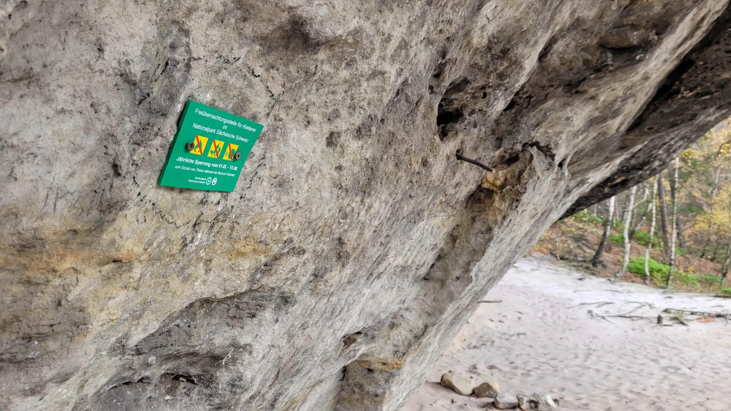 An einem Felsüberhang in der Sächsischen Schweiz hängt ein Boofenschild mit jährlichem Sperrzeitraum; außerhalb des Zeitraums, vom 16. Juni bis 31. Januar eines jeden Jahres, ist das Freiübernachten im Nationalpark nur an den 58 offiziell zugelassenen Stellen sowie nur in unmittelbarem Zusammenhang mit der Ausübung des Felskletterns erlaubt.