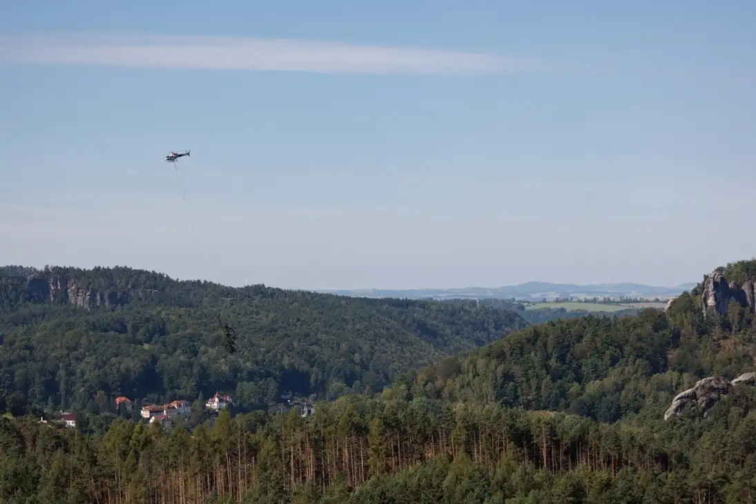 Ein Hubschrauber fliegt Baumstämme aus dem Sturmschadgebiet vom 32. Juli 2026 in Rathen aus